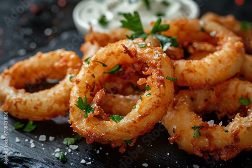 A pile of fried onion rings with a side of ranch dressing on a black plate with parsley on top a