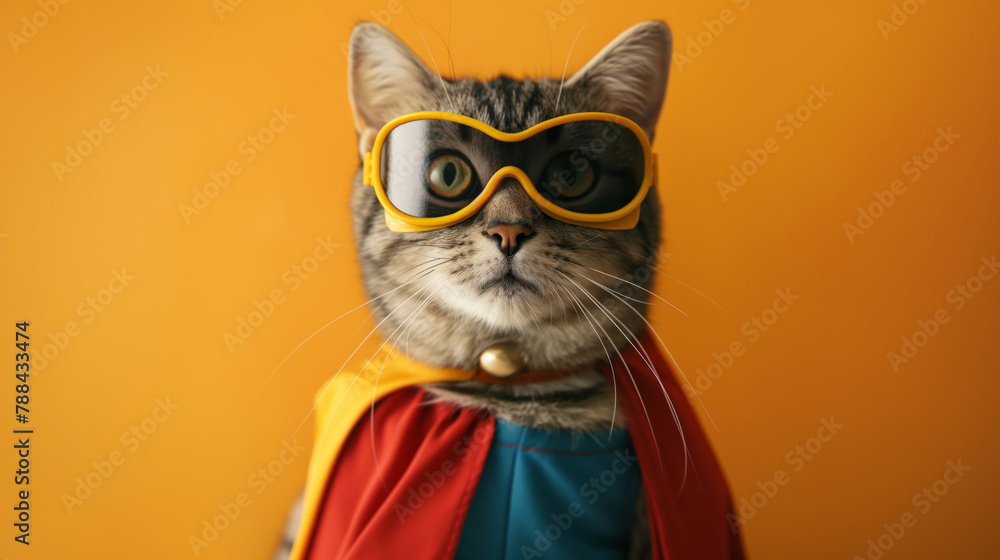 Adorable domestic superhero cat wearing a cute costume with yellow cape and goggles against a vibrant background Adorable domestic superhero cat wearing a cute costume with yellow cape and goggles against a vibrant background