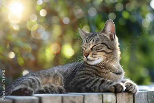 Tranquil tabby cat peacefully basking in the warm sunlight in a cozy outdoor garden surrounded by lush greenery and dappled bokeh, enjoying a restful and serene sunbath