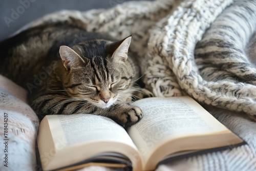 Peaceful tabby cat dozes on a soft bed with an open book, enveloped by a chunky knit blanket, capturing a serene rainy day moment