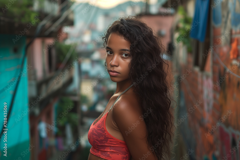 Fototapeta premium Curly-haired Brazilian woman in red camo top overlooking a favela street.