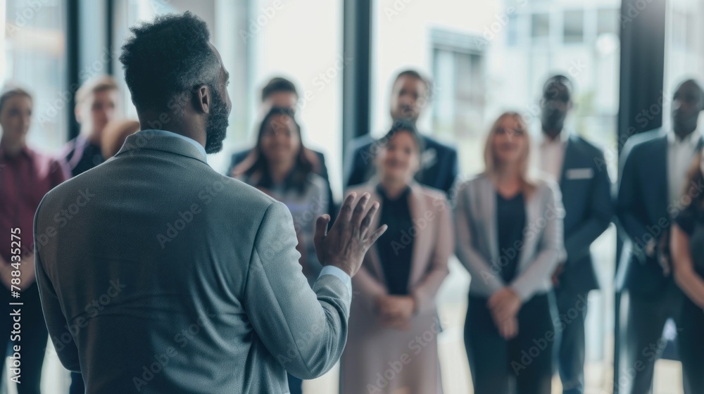 A leader giving a motivational speech to a group of employees, fostering teamwork and productivity. A leader giving a motivational speech to a group of employees, fostering teamwork and productivity.