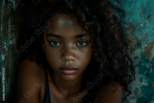 Teenage girl with curly hair in moody light  intense thoughtful and expressive blue eyes  peeling paint backdrop.