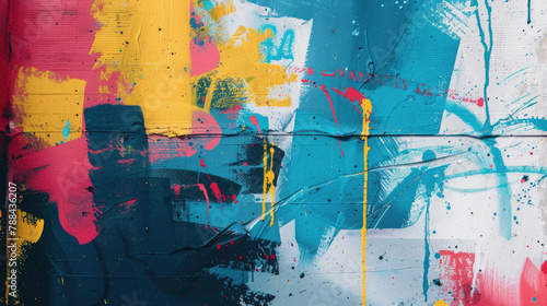 A visually striking abstract painting featuring bold splatters and strokes of colorful paint