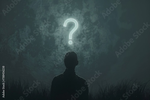 A dark and abstract illustration of a person's silhouette with a glowing question mark hovering above their head, symbolizing the mystery of the human mind.