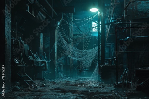 A dark and mysterious image of an abandoned AI robot factory. Cobwebs drape over the machinery, and dust motes dance in the faint light. photo