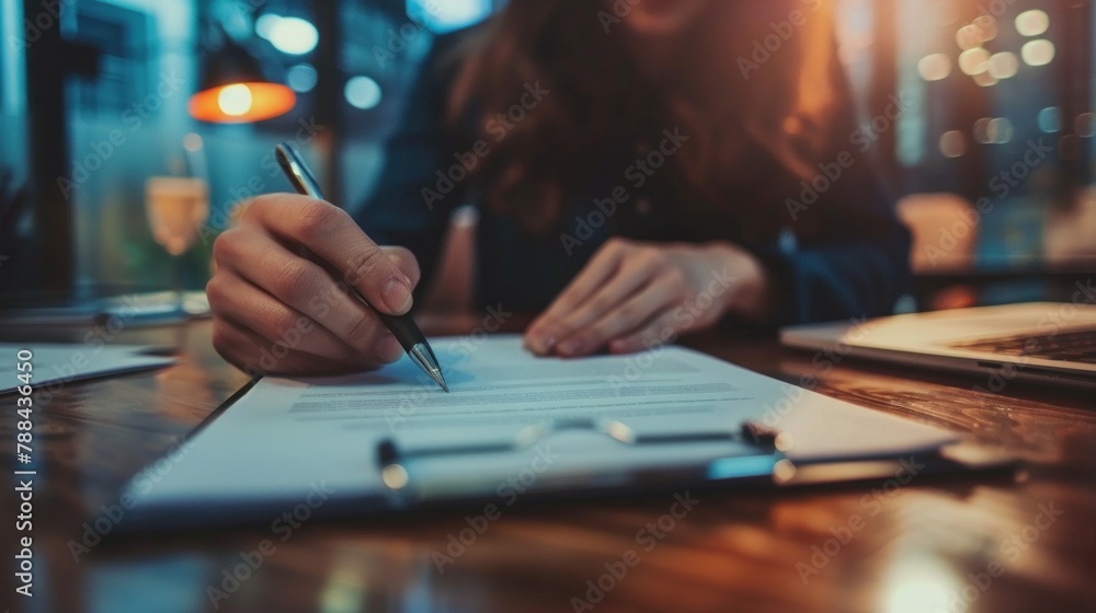 A person signing a contract with a successful business partner, sealing a profitable deal. 