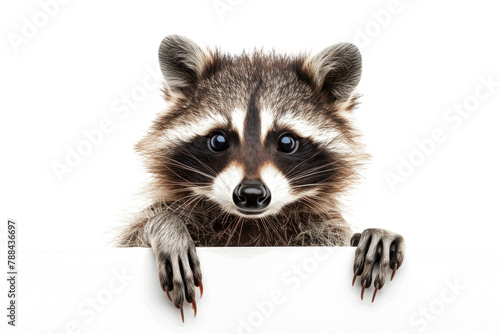Funny baby Raccoon holding a blank white poster. Place for text © Slepitssskaya