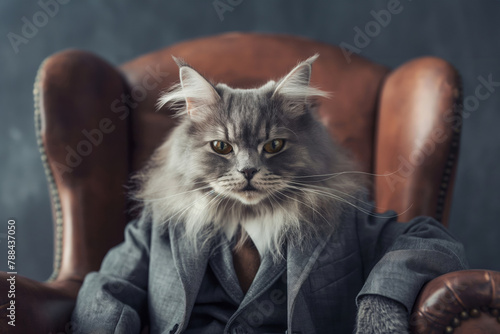 Majestic long-haired cat dressed in an anthropomorphic elegant suit, relaxing in a vintage armchair