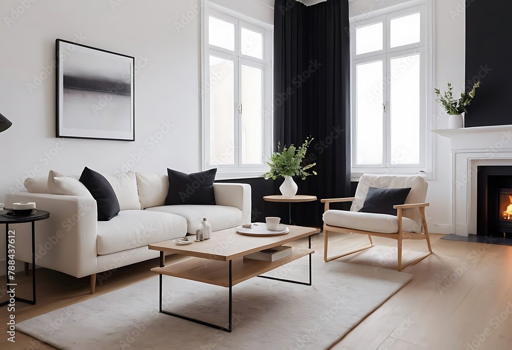 Fototapeta premium Frame mockup, ISO A paper size. Living room wall poster mockup. Interior mockup with house background. Modern interior design. 3D render