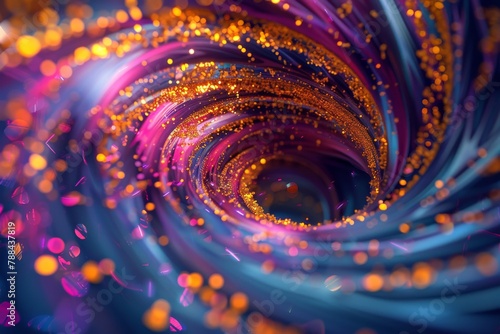 A digital illustration of a swirling vortex of vibrant colors accented with scattered gold leaf flakes, suggesting a luxurious galaxy. 