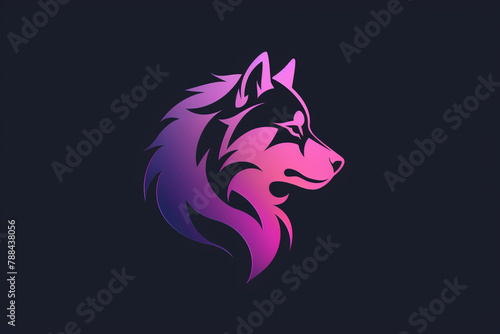 A Husky logo with a combination of purple and pink hues on a black background. photo