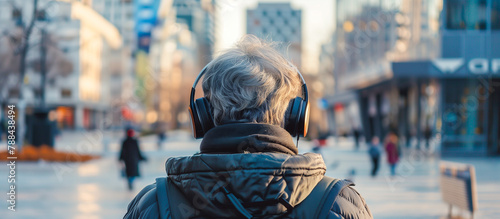 stylish old person wearing headphone listening music walking in the city road
