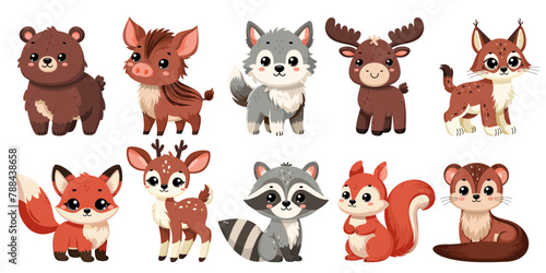 Collection of cute happy little funny forest animal. Set of cute autumn animal isolated on white background. Flat vector illustration. Fall season stickers and clipart.