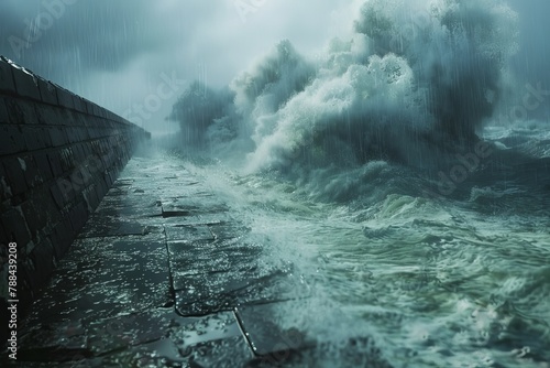A dramatic scene of a hurricane making landfall, torrential rain lashing down and massive waves crashing against a seawall.