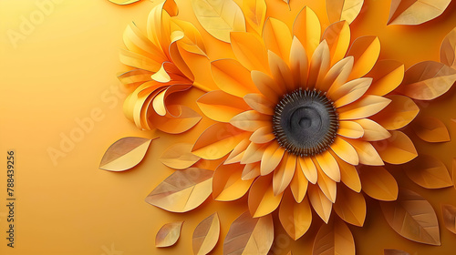 Paper art representation of a sunflower, with petals meticulously cut from yellow paper on a light brown background