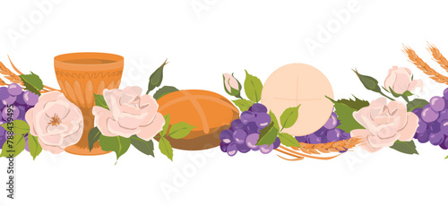 Seamless border with symbols of the Christian religion. elements of Holy Communion - grapes, bread, ears of corn. Vector. Design of fabric, wallpaper, textiles.
