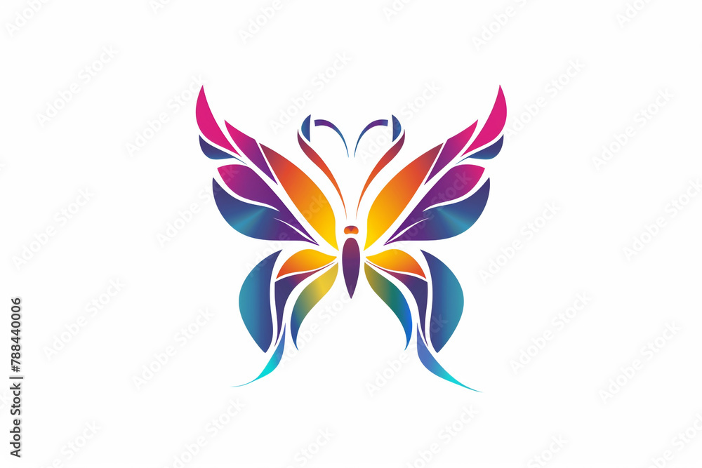 A logo design that embodies the vibrancy of a butterfly, with its wings showcasing a magnificent display of colors against a pure white canvas.
