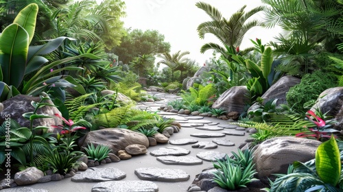 A path through a jungle with rocks and plants