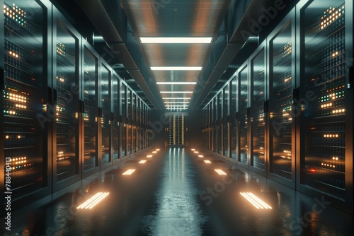 photo of a modern data center vault, filled with rows of servers and blinking lights, safeguarding critical information for businesses and governments.