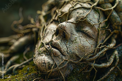 A photo of a person's head with roots growing downwards, connecting them to the earth, symbolizing the grounded nature of human thought and its connection to the world.