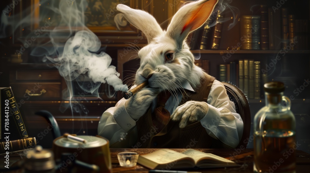 White Businessman Rabbit smoking. Smoking Rabbit Character