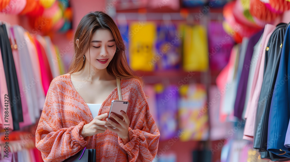 Beautiful Asian woman shopping online with mobile phone on banner background .