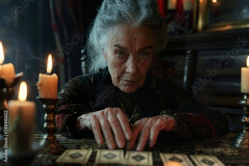 A mystical elderly woman with a profound gaze reads tarot cards surrounded by the soft glow of candlelight, hinting at secrets untold.