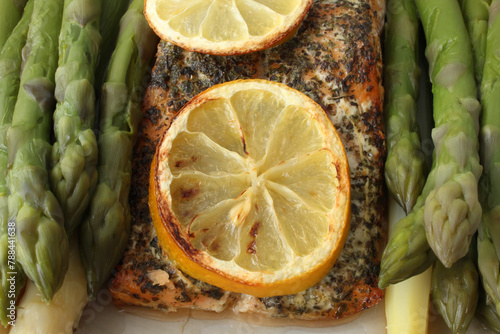 Succulent Herb-Crusted Salmon Fillet: Air-Fried to Perfection with Steamed White and Green Asparagus