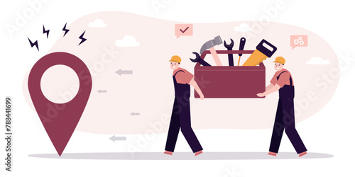Team of technicians or repair man carrying toolbox with various tools to giant location pointer. Maintenance service, group of repairman going fix problems and broken mechanism.