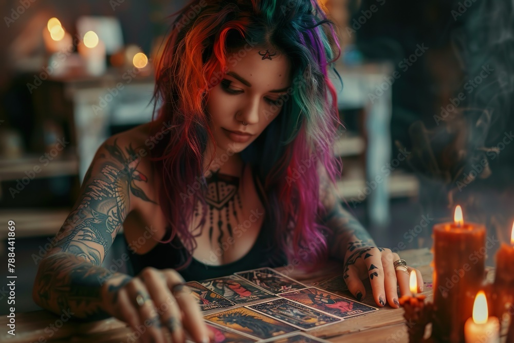 Fototapeta premium Young Tattooed woman with color painted hair performing a tarot reading by candlelight in an atmospheric setting.