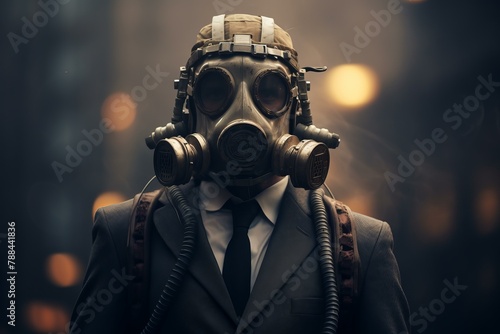 Mysterious Man in air gas mask. Polluted air. Generate Ai