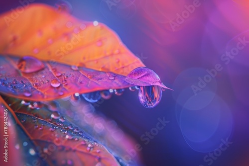 A photo of a single raindrop clinging to a vibrantly colored leaf, capturing the beauty and fragility of water.
