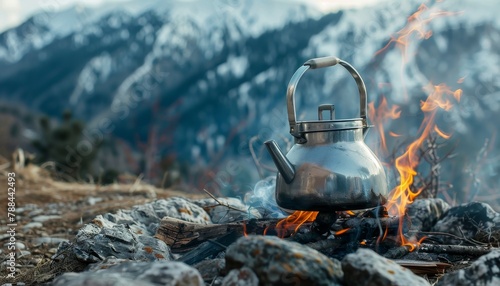 A metal tea kettle sits on a fire in the snow by AI generated image