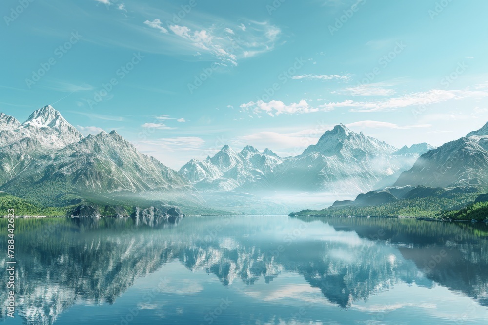A photo of a tranquil lake reflecting a majestic mountain range under a clear blue sky. - obrazy, fototapety, plakaty 
