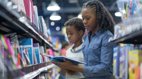 A parent and child shopping for school supplies at a store, looking at notebooks and pens. 