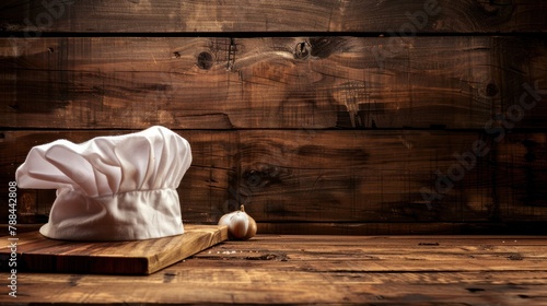 Chef hat white color on the rustic wooden table. AI generated image
