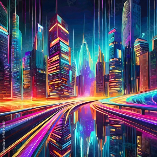 Visualize a futuristic cityscape at night
