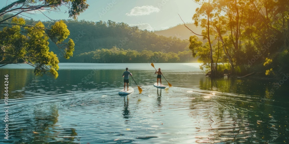 A couple exploring a serene lake by paddleboarding or canoeing, surrounded by peaceful nature. 