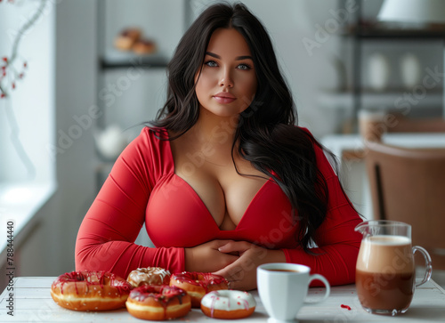 Busty and fat lady with big breast in red dress sitting at the table, next to her is some donuts and coffee mug,