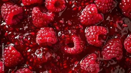Macro view of red ripe raspberry jam fruit food texture background. AI generated image photo