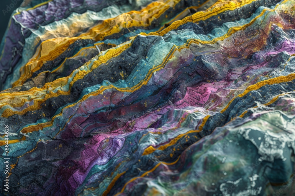 A photorealistic close-up of a smooth, polished rock with bands of vibrant colors, showcasing the geological history of the Earth. A photorealistic close-up of a smooth, polished rock with bands of vibrant colors, showcasing the geological history of the Earth.