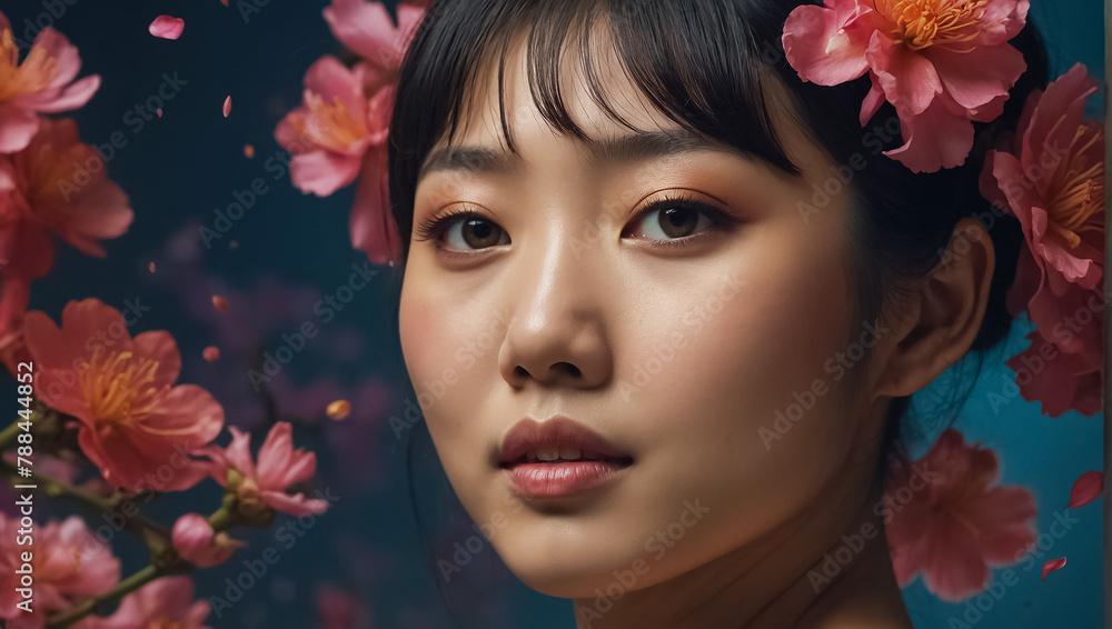 Portrait of a beautiful Asian girl, flowers