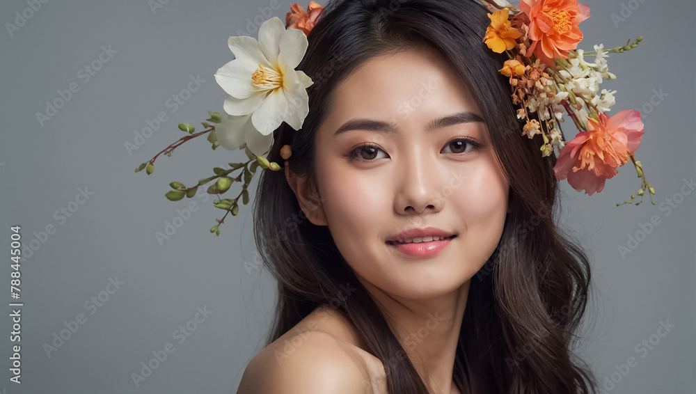 Portrait of a stylish  Asian girl, flowers