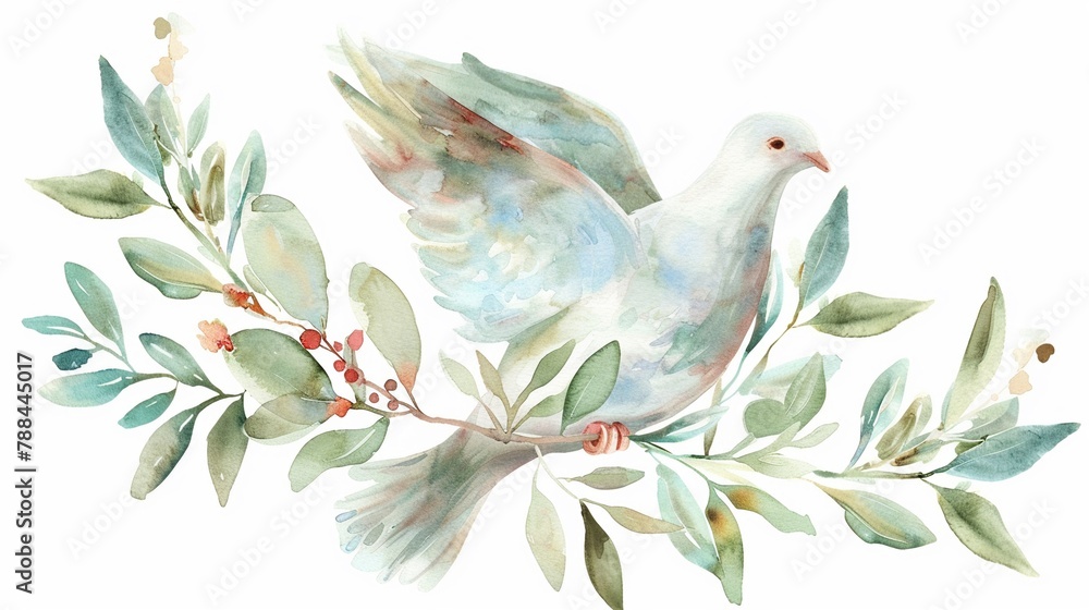 Dove and olive branch in delicate watercolor
