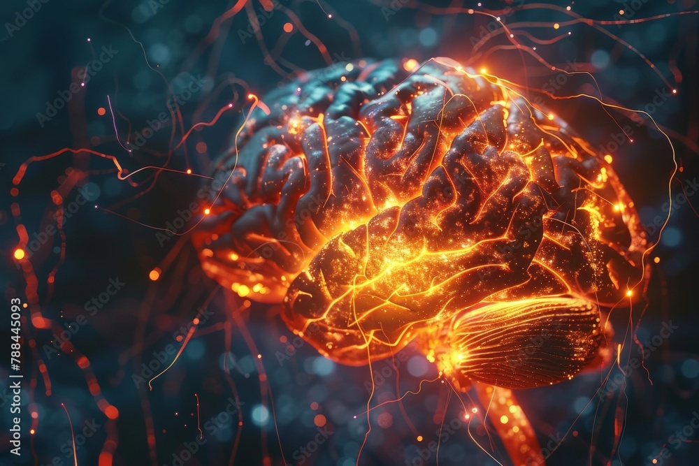 A photorealistic human brain with glowing neurons firing electrical impulses, reminiscent of a complex circuit board. A photorealistic human brain with glowing neurons firing electrical impulses, reminiscent of a complex circuit board.