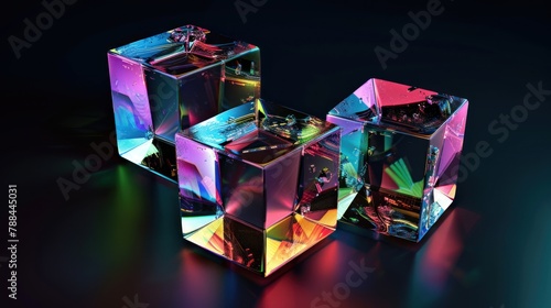 3d rendering crystal cubes glass with holographic effect isolated on dark background. AI generated