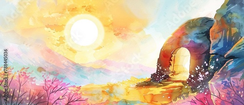 Easter scene with a watercolor empty tomb
