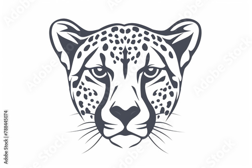 A minimalist cheetah face icon in monochromatic grayscale, accentuated by strong, precise lines. Isolated on white background.