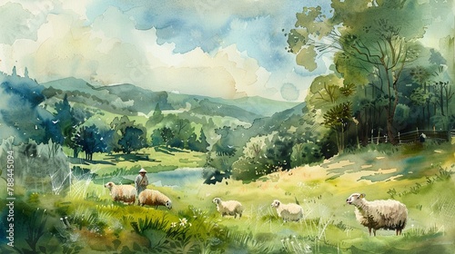 Pastoral watercolor scene with sheep and a shepherd photo